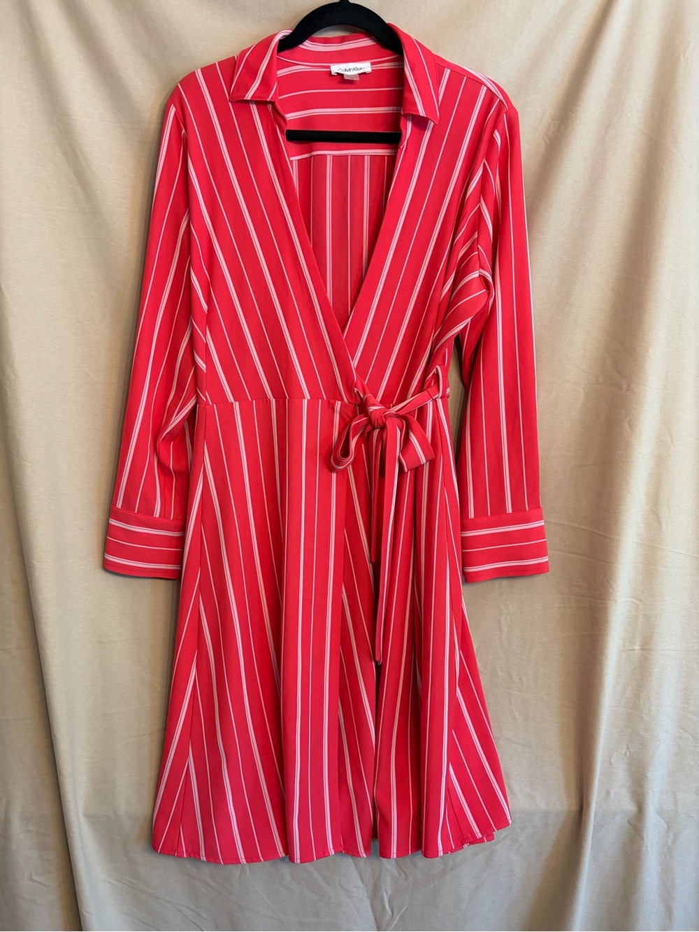 Calvin Klein Red Striped Wrap Dress with Tie Waist/Diagonal Stripe